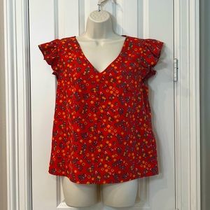 SHEIN Orange Ditsy Floral Flutter Sleeve Top, Sz M